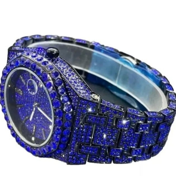 Mens Luxury Full Ice Electric BlueSimulated Diamond Hip Hop Bling Quartz Watch - Picture 7 of 12